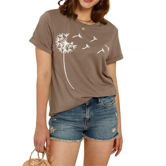 Langwyqu New Fashion Women Bohemia Dandelion Print Tee Shirt Lady Girl Short Sleeve T-shirt Boho Graphic Tee
