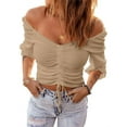 thumbnail image 1 of Langwyqu Off Shoulder Short Sleeved Women Slim Fit Lace-Up Shirt Crop Tops, 1 of 5