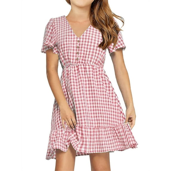 Langwyqu Plaid Print Girls V-Neck Short Sleeve Ruffle Dress For 5-14 Years
