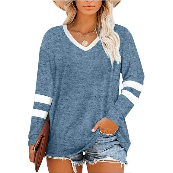 Langwyqu Plus Size Long Sleeve V-Neck Stripe Printing Women Simple T-Shirt Spring Autumn Female Tops