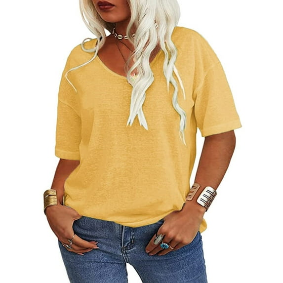 Langwyqu Plus Size Solid Color Summer V-Neck Women Loose T-Shirt Tops