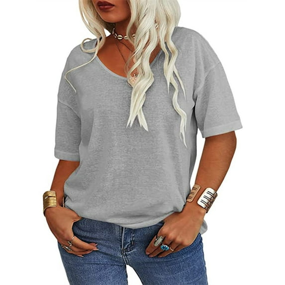 Langwyqu Plus Size Solid Color Summer V-Neck Women Loose T-Shirt Tops