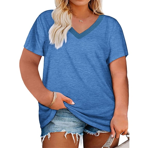 Langwyqu Plus Size Summer Women V-Neck Patchwork Casual T-Shirt Tops