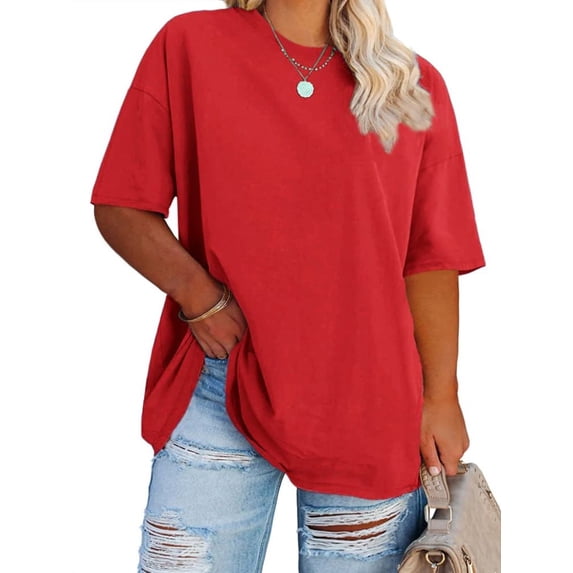 Langwyqu Plus Size Women Solid Color Round Neck Short Sleeve Casual T-Shirt Blouse