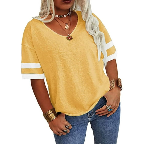 Langwyqu Plus Size Women V-Neck Short Sleeve Striped T Shirt