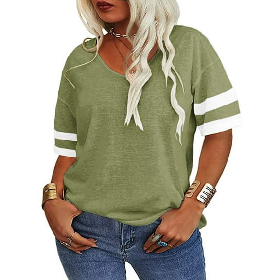 Langwyqu Plus Size Women V-Neck Short Sleeve Striped T Shirt