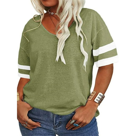 Langwyqu Plus Size Women V-Neck Short Sleeve Striped T Shirt