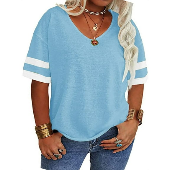 Langwyqu Plus Size Women V-Neck Short Sleeve Striped T Shirt