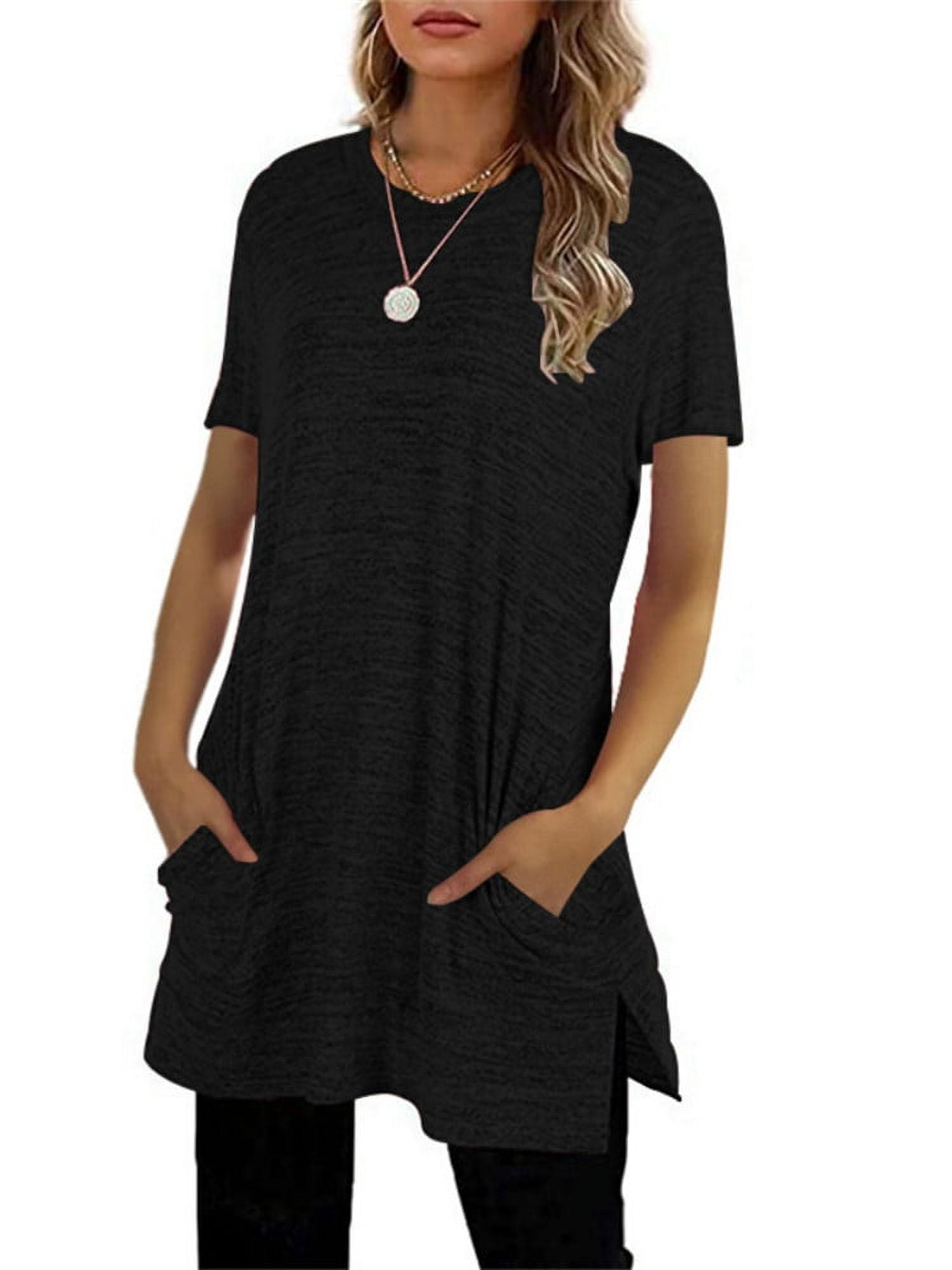 Langwyqu Short Sleeve Women Solid Casual Long Tunic Tops With Pocket ...
