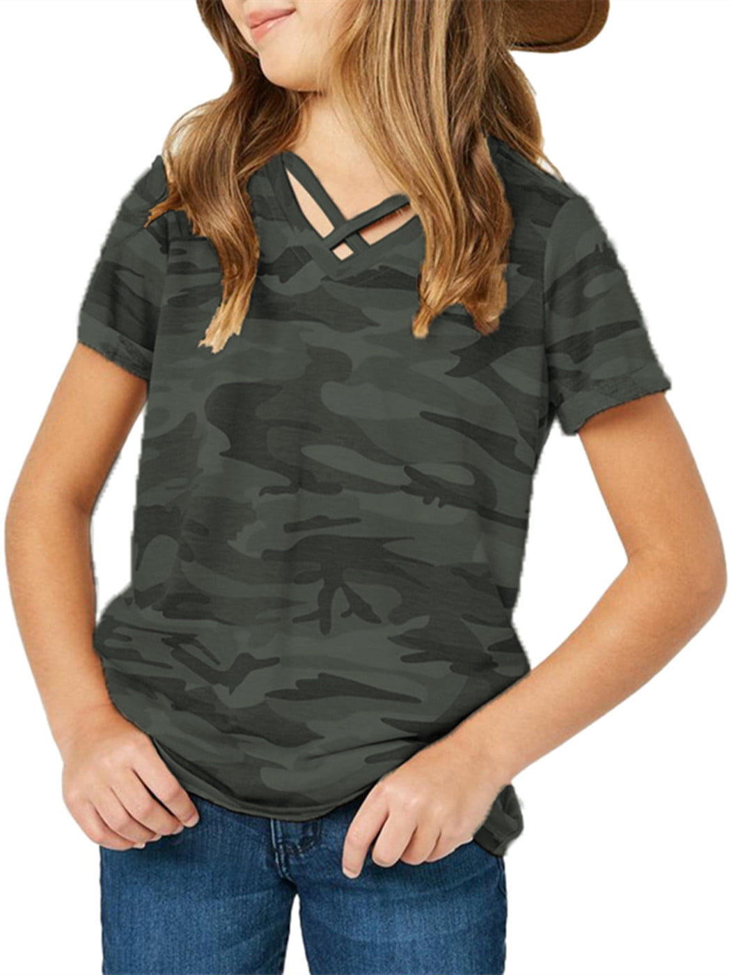 Camouflage Sleeved Print Short Tops Children Langwyqu Kids Girls T-Shirt Cross