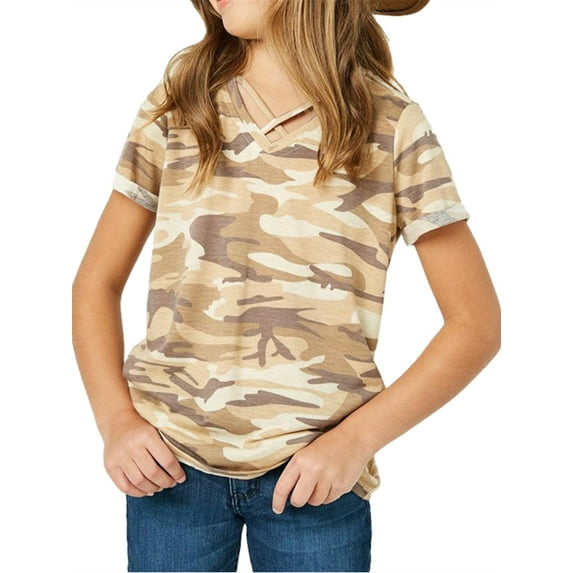 Langwyqu Short Sleeved Kids Camouflage Print Cross T-Shirt Children Girls Tops