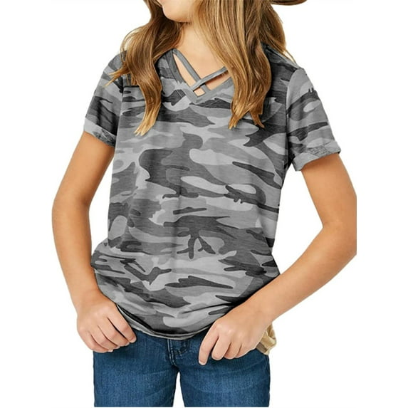 Langwyqu Short Sleeved Kids Camouflage Print Cross T-Shirt Children Girls Tops