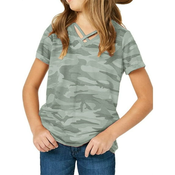 Langwyqu Short Sleeved Kids Camouflage Print Cross T-Shirt Children Girls Tops