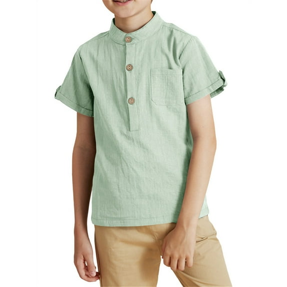 Langwyqu Short Sleeved Solid Color Boys Henley Blouse Children Button Tops With Pocket For 3-14 Years