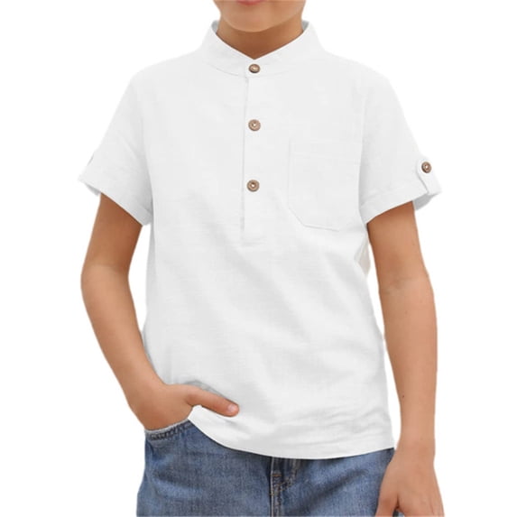 Langwyqu Short Sleeved Solid Color Boys Henley Blouse Children Button Tops With Pocket For 3-14 Years