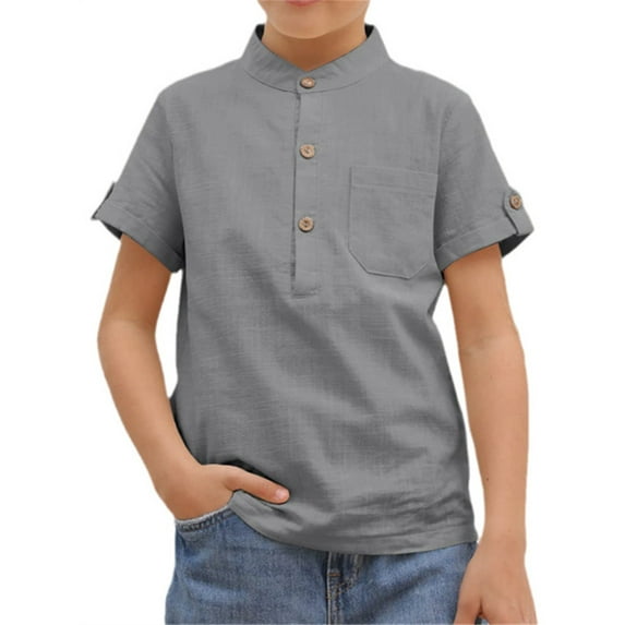 Langwyqu Short Sleeved Solid Color Boys Henley Blouse Children Button Tops With Pocket For 3-14 Years