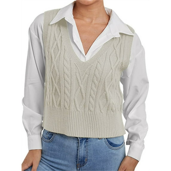 Langwyqu Sleeveless Autumn Winter Women V-Neck Vest Sweater Casual Pullover