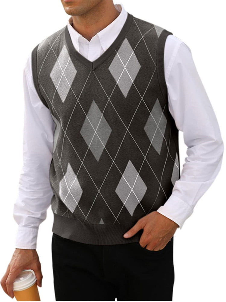 Langwyqu Sleeveless VNeck Argyle Print Men Knit Vest Pullover