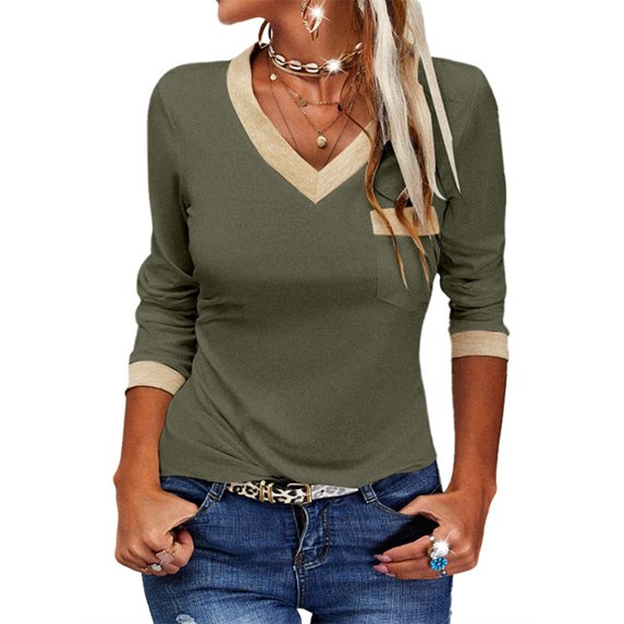 Langwyqu Slim Fit Women Long Sleeved V-Neck Shirt Tops