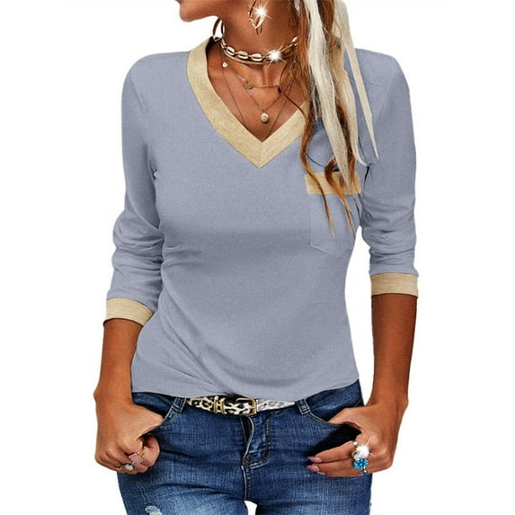 Langwyqu Slim Fit Women Long Sleeved V-Neck Shirt Tops
