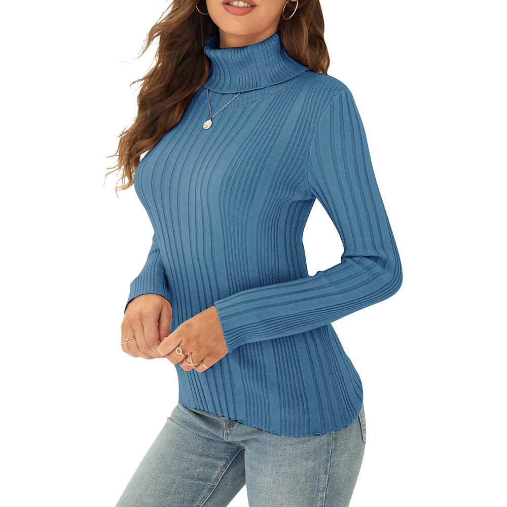 Langwyqu Slim Fit Women Turtleneck Long Sleeve Knit Pullovers Ribbed
