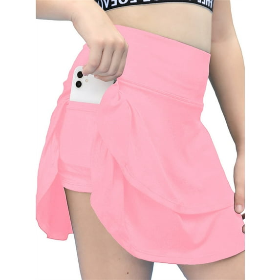 Langwyqu Solid Color Girls Sport Tennis Athletic Skorts Running Ruffle Skirt With Pocket For Kids 4-13 Years