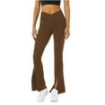 thumbnail image 1 of Langwyqu Solid Color Middle Waist Women Low Cut Casual Pants Split V Shape Flare Leg Long Trousers, 1 of 5