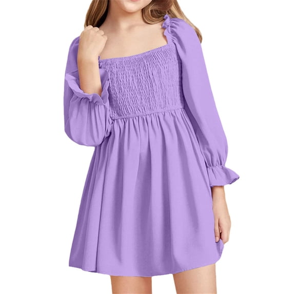 Langwyqu Solid Color Square Neckline Girls Lantern Sleeve Dress For 4-14 Y