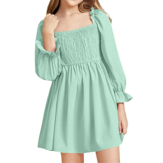 Langwyqu Solid Color Square Neckline Girls Lantern Sleeve Dress For 4-14 Y