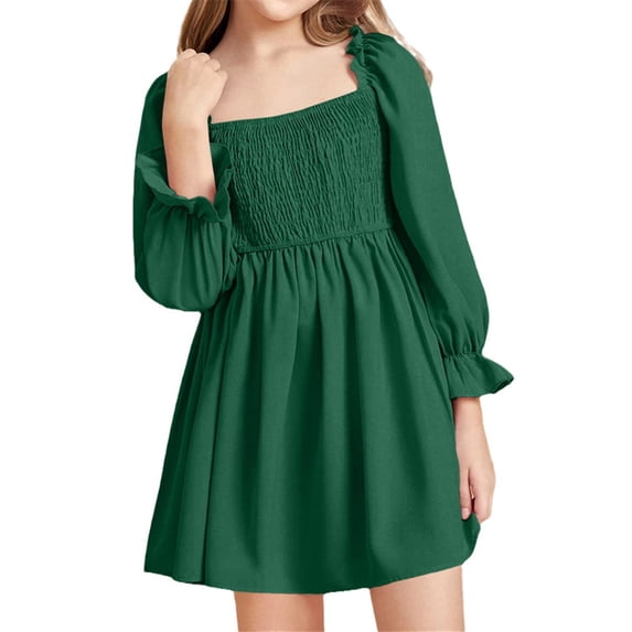 Langwyqu Solid Color Square Neckline Girls Lantern Sleeve Dress For 4-14 Y