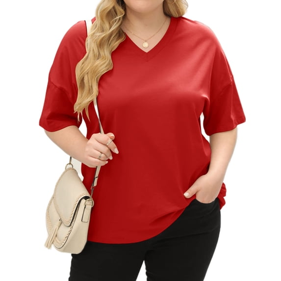 Langwyqu Solid Color V Neck Women Plus Size Casual Tee Shirt Loose Fit Tunic Tops