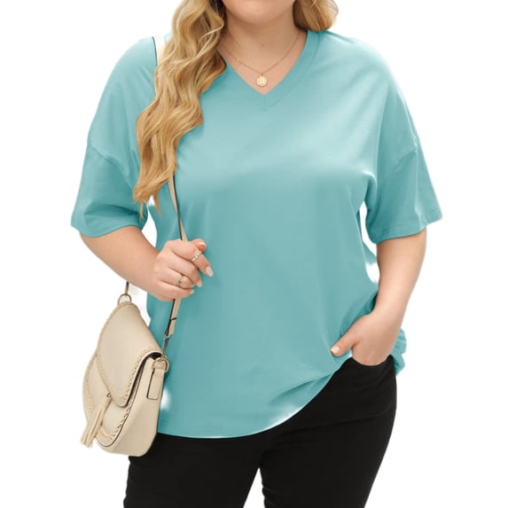 Langwyqu Solid Color V Neck Women Plus Size Casual Tee Shirt Loose Fit Tunic Tops