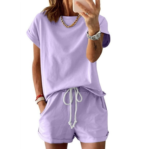 Langwyqu Solid Color Women Casual 2 Pieces Sets Tops & Shorts Suit