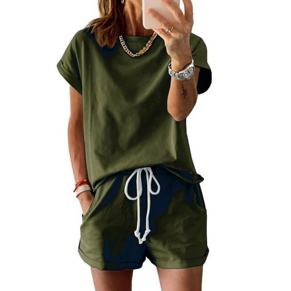 Langwyqu Solid Color Women Casual 2 Pieces Sets Tops & Shorts Suit