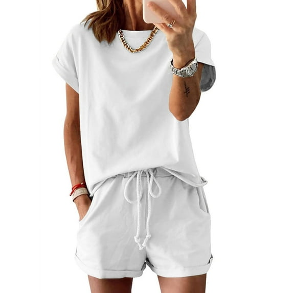 Langwyqu Solid Color Women Casual 2 Pieces Sets Tops & Shorts Suit