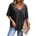 thumbnail image 1 of Langwyqu Solid Color Women Half Sleeved V-Neck Buttons T-Shirt, 1 of 4