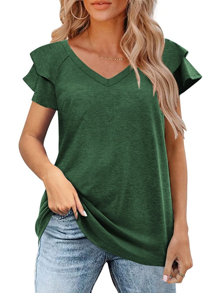 Langwyqu Solid Color Women V-Neck Ruffle Sleeve Casual T-Shirt