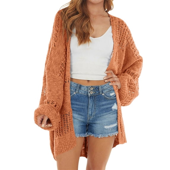 Langwyqu Spring Autumn Fashion Women Hollow Out Open Front Casual Loose Cardigans