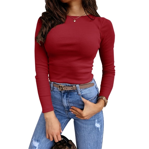 Langwyqu Spring Autumn Women Long Sleeve Solid Color T-Shirt Slim Fit Ribbed Tops