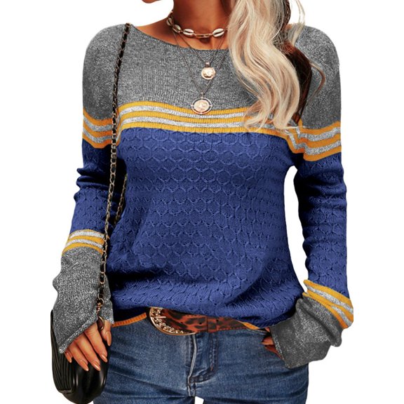 Langwyqu Spring Fall Striped Long Sleeve Round Neck Knit Sweater Casual Pullover