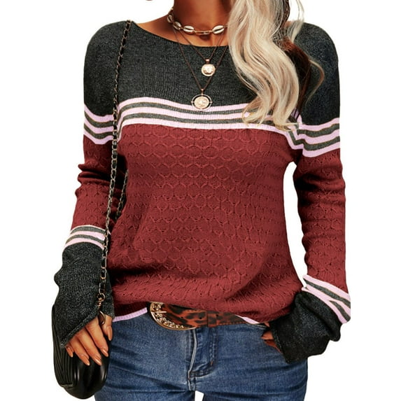 Langwyqu Spring Fall Striped Long Sleeve Round Neck Knit Sweater Casual Pullover