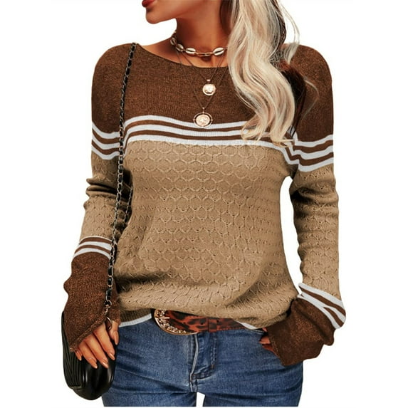 Langwyqu Spring Fall Striped Long Sleeve Round Neck Knit Sweater Casual Pullover
