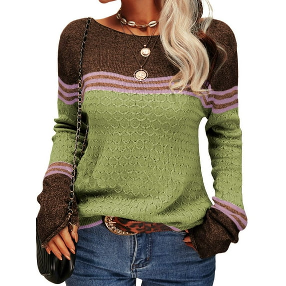 Langwyqu Spring Fall Striped Long Sleeve Round Neck Knit Sweater Casual Pullover