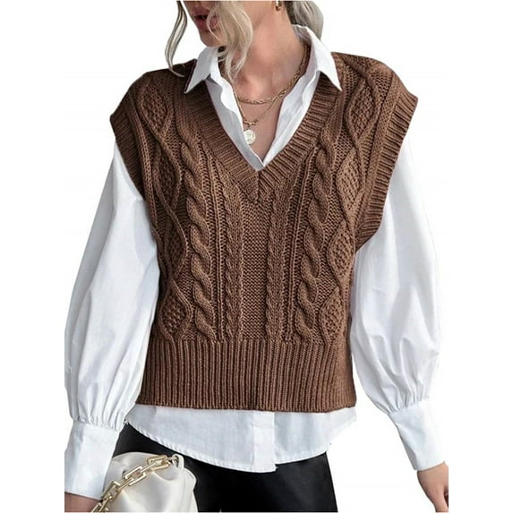 Langwyqu Spring Fall V-Neck Women Sleeveless Knit Vest Ribbed Sweater Pullover