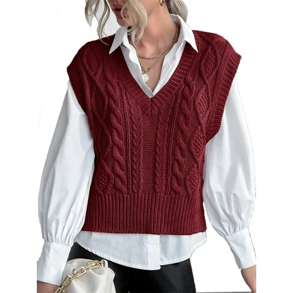 Langwyqu Spring Fall V-Neck Women Sleeveless Knit Vest Ribbed Sweater Pullover