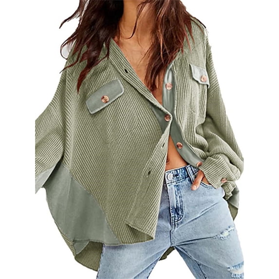 Langwyqu Spring Fall Women Long Sleeve Waffle Knit Oversized Loose Button Jacket Tops