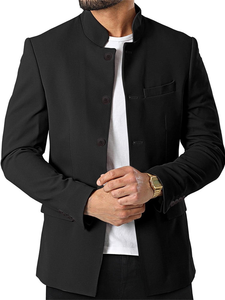 Langwyqu Stand Collar Men Solid Color Long Sleeved Buttons Blazer Coat ...