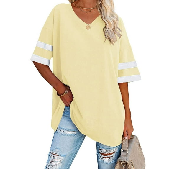Langwyqu Stripe Sleeve Women Loose V-Neck Half Sleeve Leisure Cozy Cotton Tunic Tops