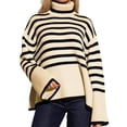 thumbnail image 1 of Langwyqu Striped Print Turtleneck Oversize Loose Knit Pullover Side Split Sweater, 1 of 5