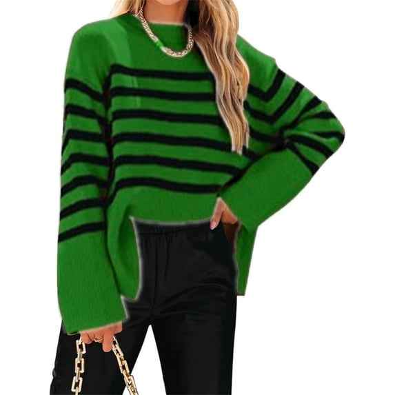 Langwyqu Striped Print Turtleneck Oversize Loose Knit Pullover Side Split Sweater